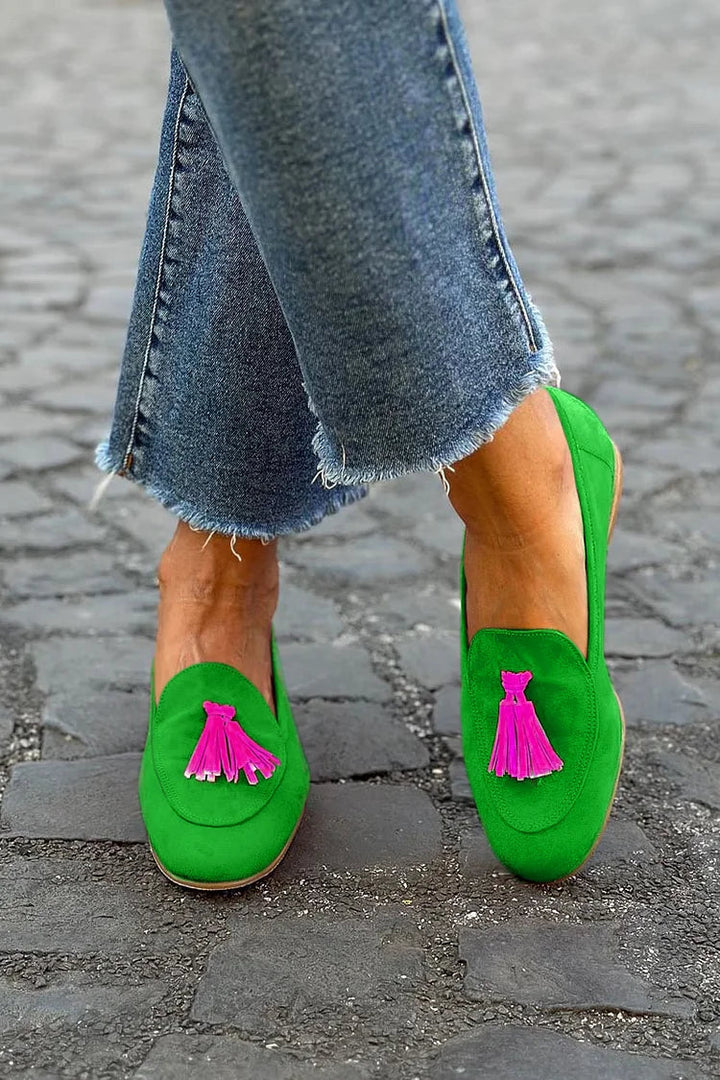 GRÖN LOAFER MED FUCHSIA FRANSAR