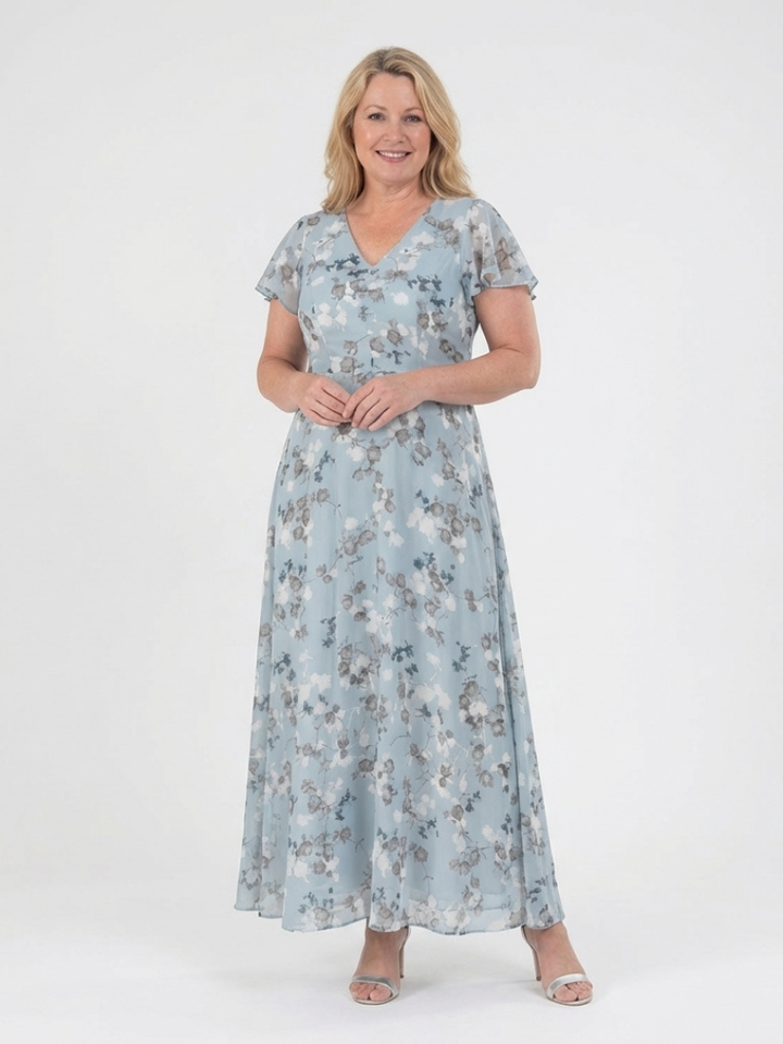 Stina | Blommig Chiffon Maxiklänning Himmelblå