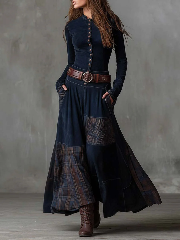 Leone | Lång Rutig Mockaklänning I Vintagestil (Bälte Ingår)